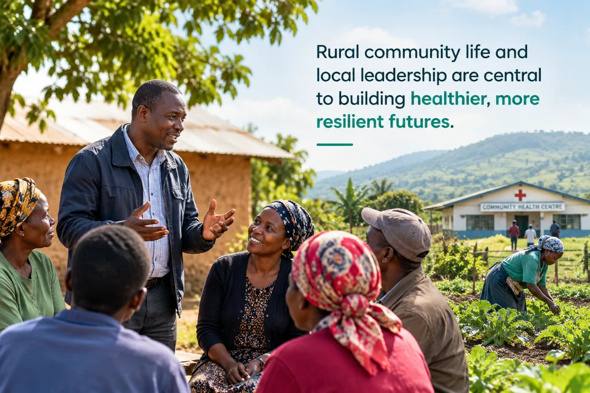 A local leader meets residents near a community health centre and smallholder garden